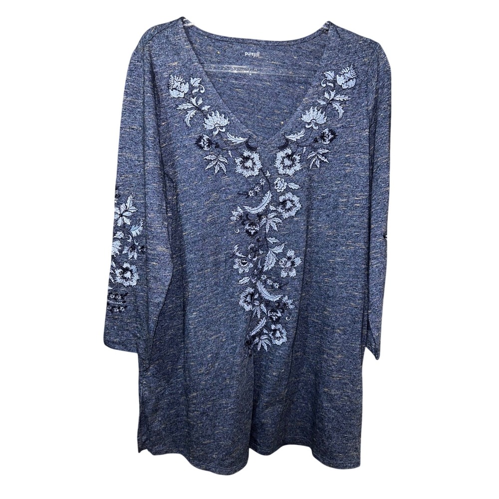 J.Jill Pure Jill Navy Blue Floral Embroidered V-Neck Tunic Top XS - Picture 7 of 8